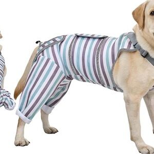 Striped Full-Body Dog Recovery Suit - Gray, White & Teal